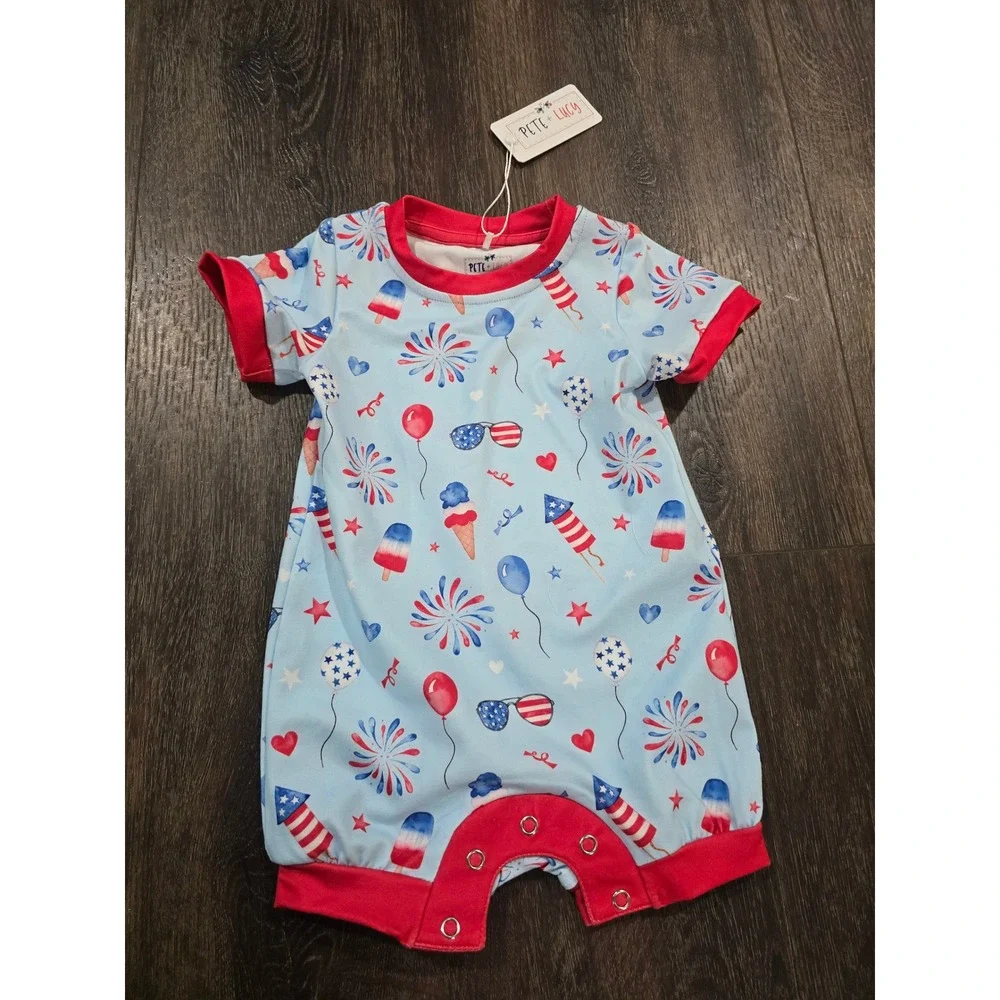 Pete + Lucy 4th of July Patriotic Fireworks Romper 6-9M Blue Red NWT